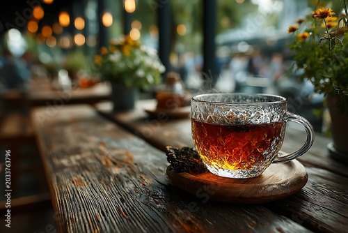 Steaming cup of amber tea on a rustic wooden table with blurred cafe background and bokeh lights