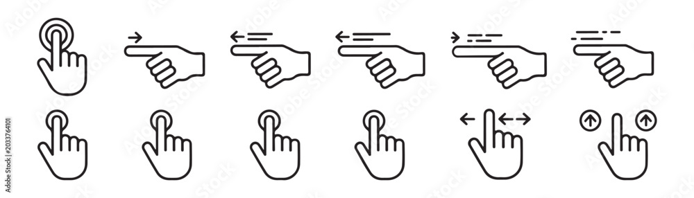 Obraz premium Line style hand gesture icons for touchscreen devices and mobile phone applications on clear background.
