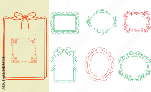 Set of hand drawn decorative frames, borders, and bows in red and green