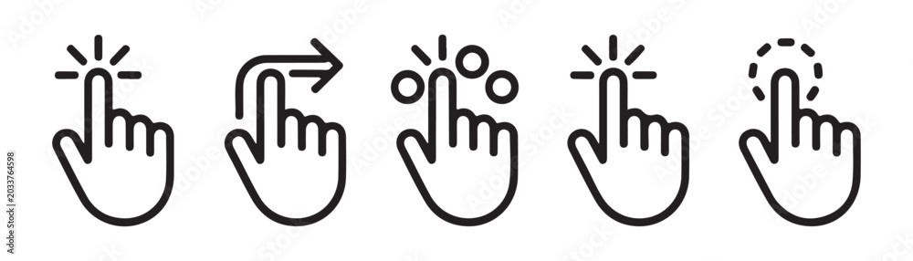 Fototapeta premium Outline hand gesture icons for website and app touchscreen interface on a transparent light background.