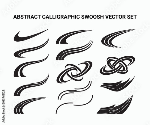 Set of black swoosh lines abstract curved elements on white background
