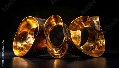 A swirling sculpture with a flowing, ribbon-like form, gleaming gold against black