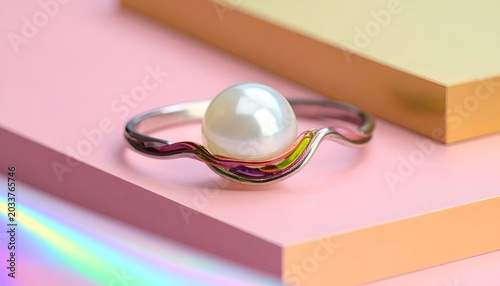 Elegant pearl ring with iridescent details, atop pastel pink and gold geometric surface
