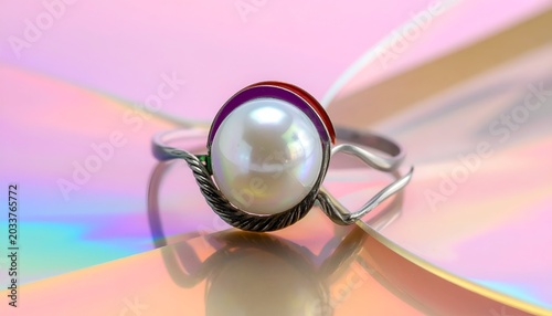 Elegant ring with a large pearl, set on a colorful, iridescent surface