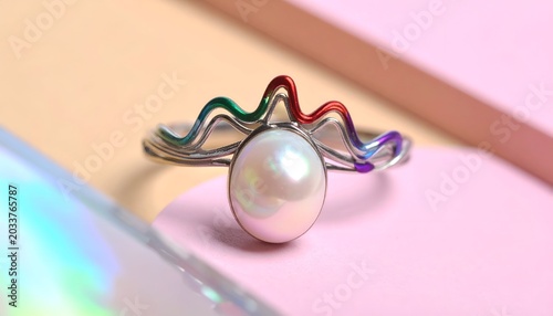 A silver ring with a pearl and colorful wave-like design sits on pink and cream surfaces