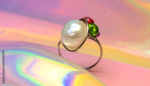 Close-up of a pearly ring with colorful gemstones against a multicolored, holographic backdrop