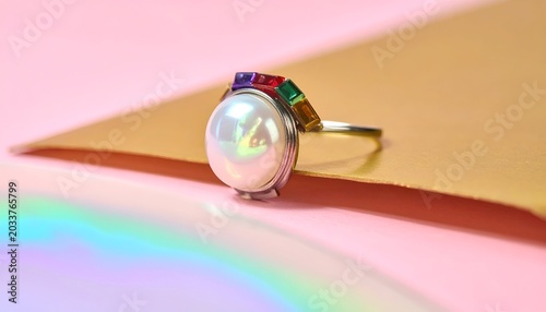 Elegant ring with large pearl and colorful gems on a gold and pink background