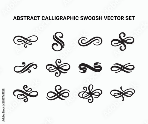 Set of black swoosh lines abstract curved elements on white background