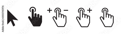 Touch screen hand gesture icons and mouse arrow pointer set for mobile application user interface.