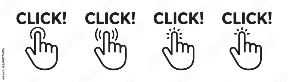 Fototapeta premium Click hand cursor icons with text labels vector illustration set for user interaction guidance.