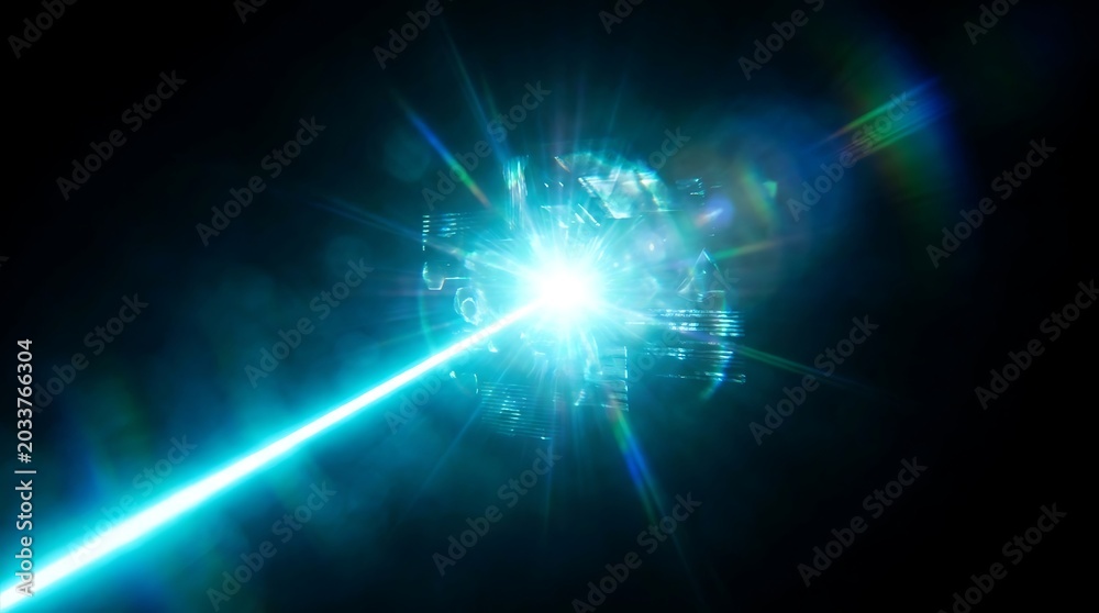 Obraz premium Bright Cyan Laser Pulse Beam Glowing in Dark Space with Vibrant Light Flares