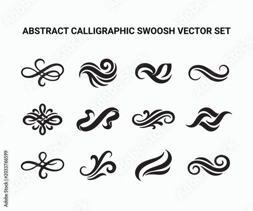 Set of black swoosh lines abstract curved elements on white background