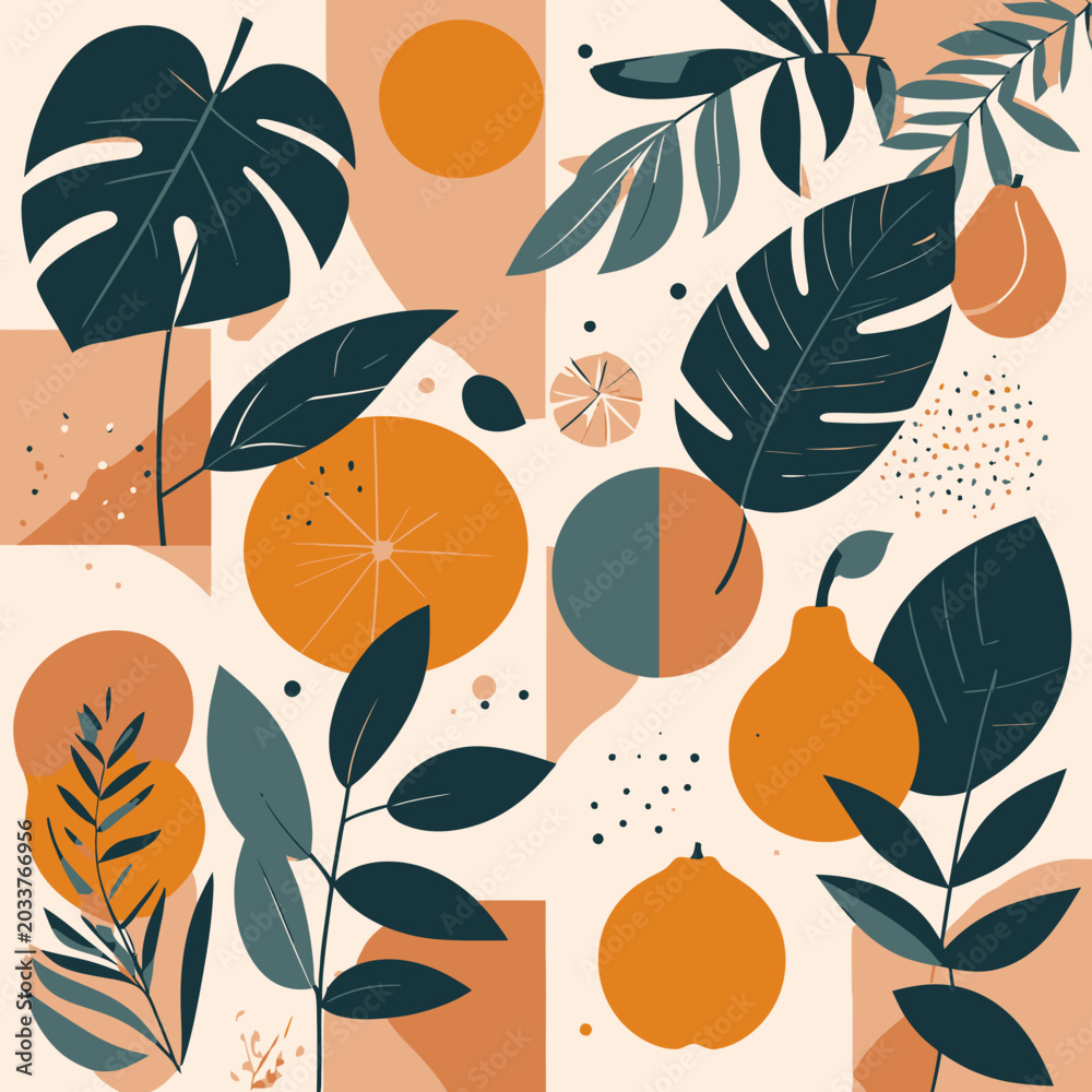 Fototapeta premium Abstract Tropical Fruit and Botanical Leaves Pattern Illustration.
