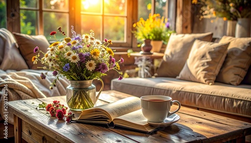 A sunlit, cozy interior features a book, coffee, flowers, and comfy seating