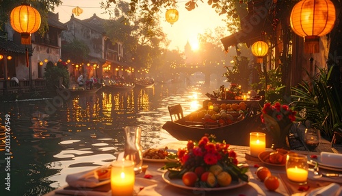 Picturesque canal scene with lanterns, dining, and boats bathed in warm, golden light