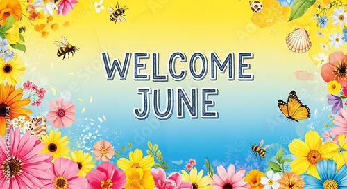 Colorful welcome june floral background celebration design.