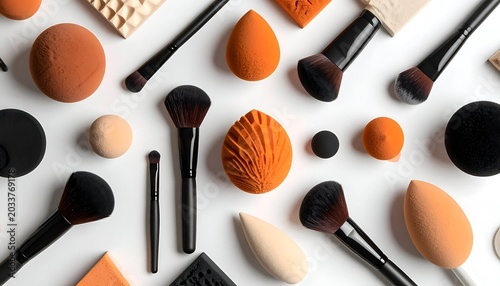 Makeup tools arranged on white surface brushes, sponges, and applicators