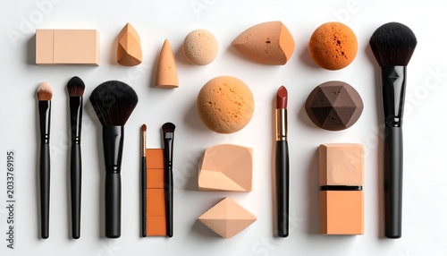 Makeup tools arranged on a white surface, diverse shapes and textures