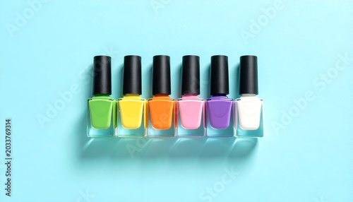 Array of colorful nail polish bottles with black caps on a light blue background