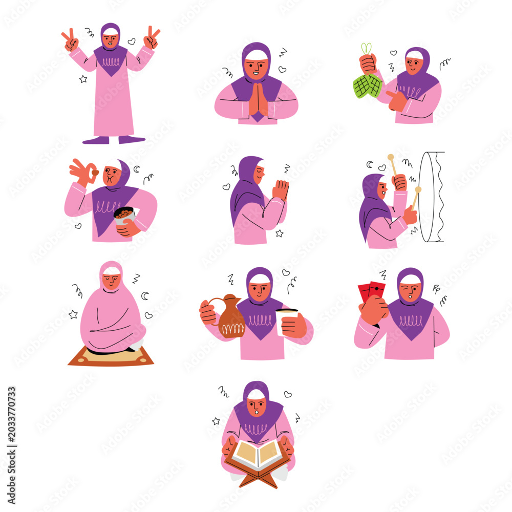 Fototapeta premium Eid Mubarak Muslim Woman Illustration Set