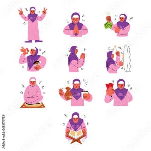 Eid Mubarak Muslim Woman Illustration Set