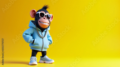 3D cartoon chimpanzee character, stylish urban streetwear fashion