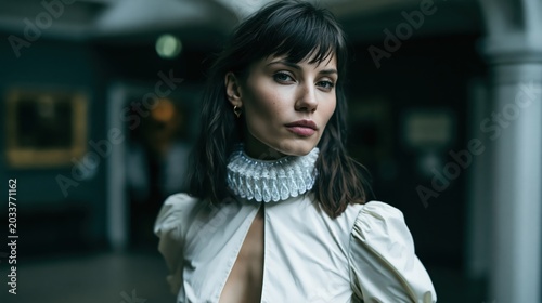 Portrait of a Young Woman Wearing an Elizabethan Style White Collar in a Dark Interior Setting