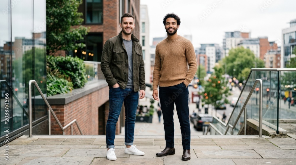 Fototapeta premium Two men posing in stylish casual clothing, modern fashion portrait, confident attitude, clean editorial styling, urban lifestyle concept, natural body language, refined wardrobe detail, soft daylight