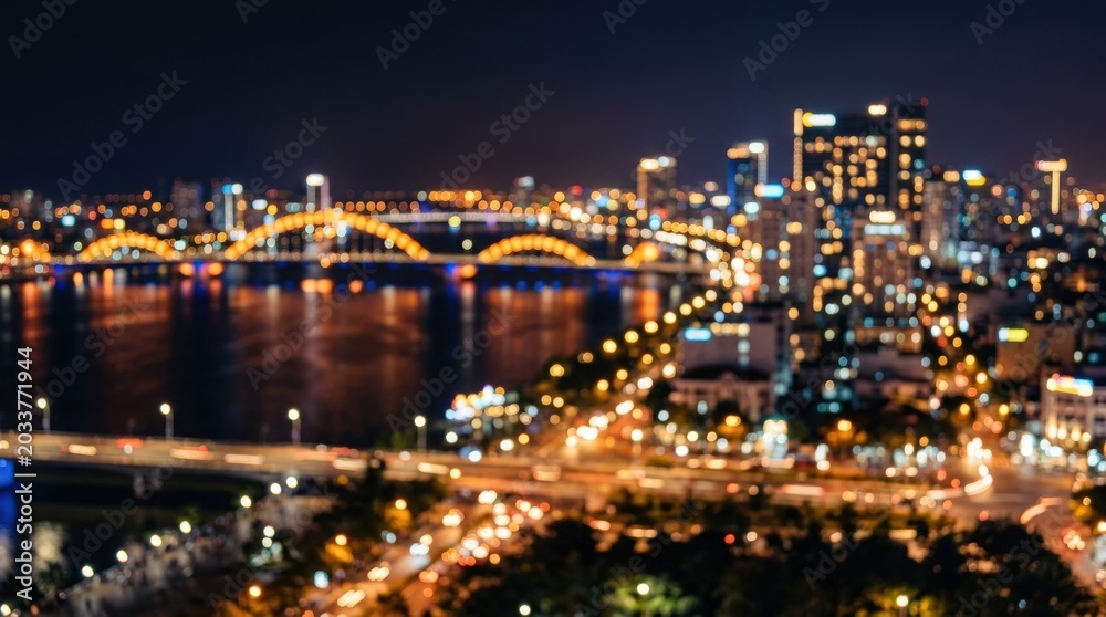Fototapeta premium Defocused bokeh city lights of Danang, abstract urban night background with warm glow and modern travel atmosphere for design, tourism and nightlife themes, polished photoreal finish, no logos