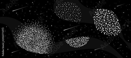 Abstract space background. Cosmic panoramic grain texture with planets, stars. Futuristic black and white starry night sky. Stipple vector illustration with abstract design.