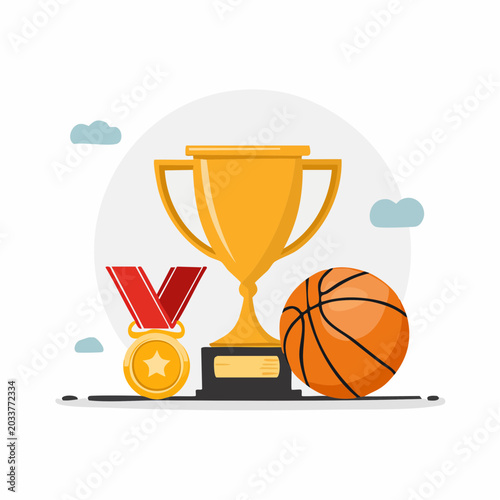 Basketball Trophy, Medal, and Ball Illustration