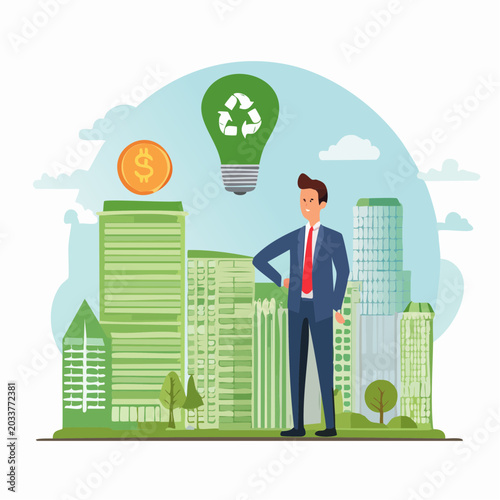Businessman with Green Energy and Finance Symbols in Cityscape