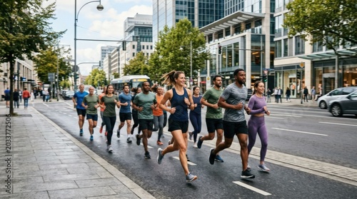 Group of people jogging in the city, community fitness and healthy lifestyle concept, runners moving together on an urban street, teamwork and motivation, sportswear fashion, fast-paced exercise, city