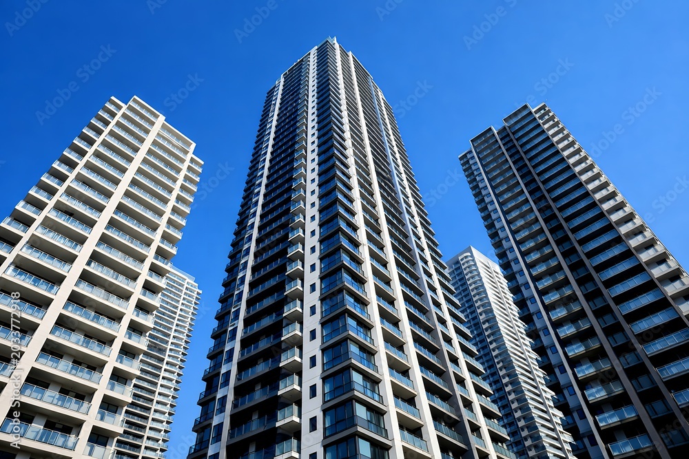 Obraz premium 青空の下にそびえ立つモダンな高層マンションと都会の街並みを下から見上げた外観写真