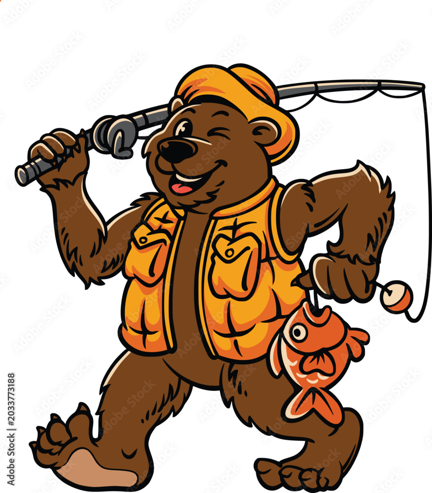 Obraz premium Hand-drawn cartoon brown bear fisherman holding a fishing rod and fresh catch, wearing an orange utility vest, isolated on white for outdoor recreation, wildlife mascot, and camping themes
