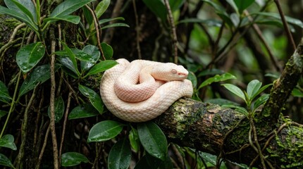 Albino mangrove pit viper curled among dense leaves, rare reptile wildlife portrait with striking pale scales, coiled posture and lush jungle texture for exotic nature themes natural light, realistic