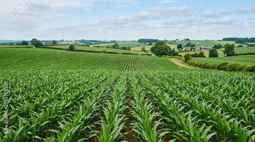 Lush green corn rows stretching across rolling farmland, agricultural field scenery with repeating texture, healthy crop growth and clean rural landscape atmosphere beneath open sky, soft natural