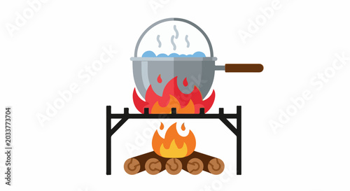 A pot of boiling water sits on a grill over a campfire with burning logs