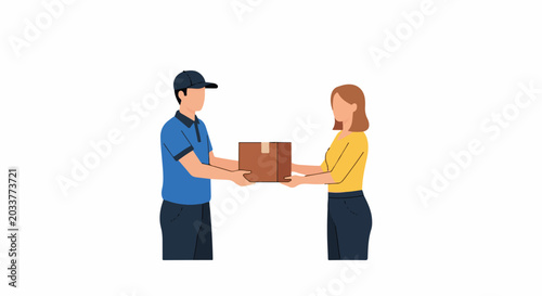 A person in a blue uniform hands a brown package to a woman