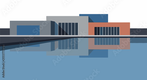 A modern architectural building with glass doors reflected in a pool