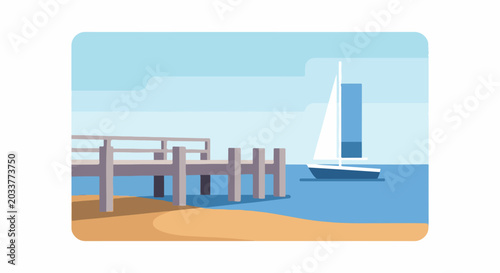 A minimalist illustration of a boat sailing near a sandy beach with a wooden pier
