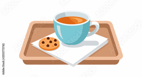 A light blue mug of amber liquid sits on a white napkin with a cookie