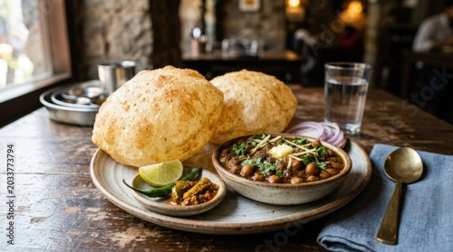 Delhi Style Chole Bhature – Fluffy Fried Bread with Spicy Chickpea Curry Food Shot, rich texture, fresh garnish and restaurant menu appeal, clean table presentation, soft natural light, flavorful