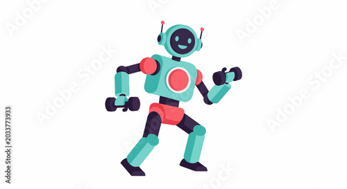 A cheerful teal robot with coral accents exercises with dumbbells, promoting activity