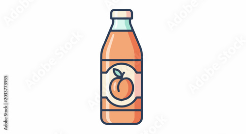 A cartoon bottle filled with peach juice and a peach on the label