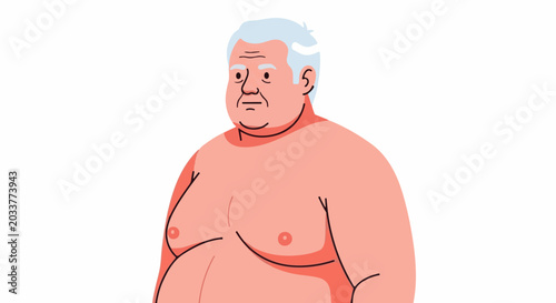 A cartoonish illustration of a portly, shirtless elderly man with light-colored hair