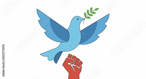 A blue dove carrying an olive branch over a raised red fist