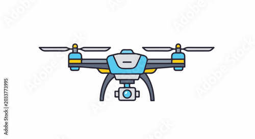 A blue and gray quadcopter with a camera gimbal hangs suspended