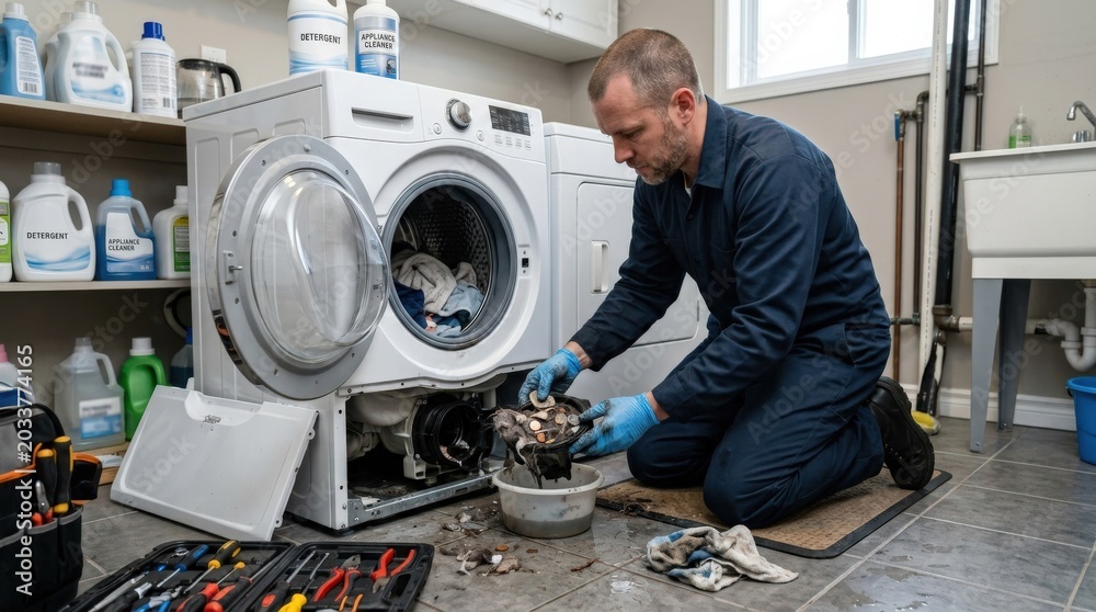 Obraz premium Service technician removing a clog in the washing machine, appliance care and maintenance concept for cleaning, repair, prevention and household service, practical home fix, photorealistic, high