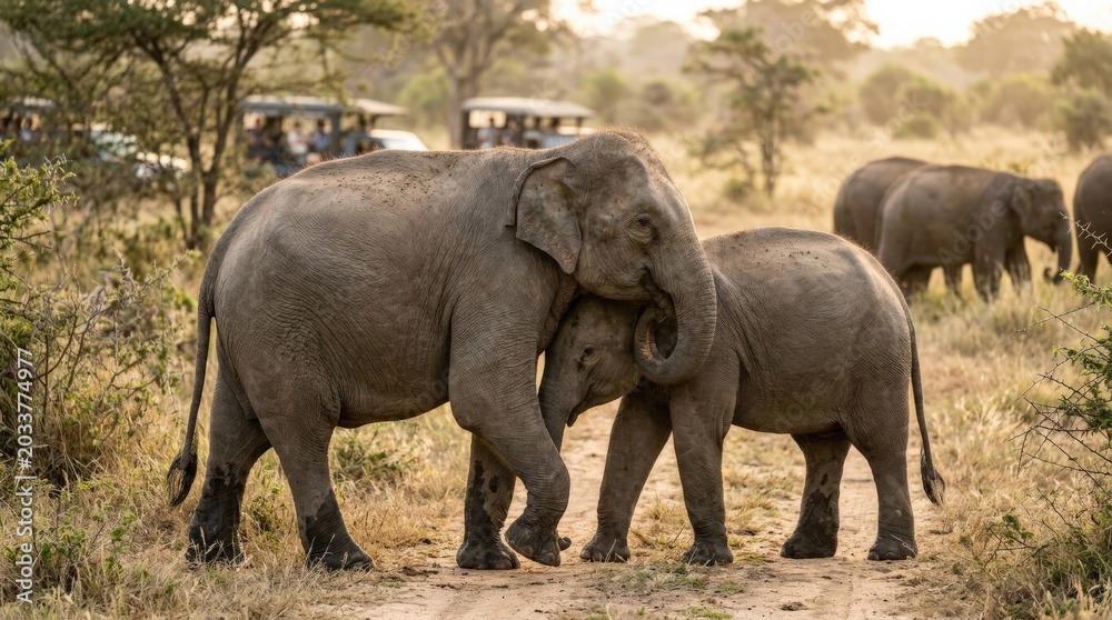 Obraz premium Elephants in National Park safari, Sri Lanka, pet lifestyle, animal companionship, candid everyday moment, natural light, photorealistic, high detail, crisp focus, balanced composition, premium stock